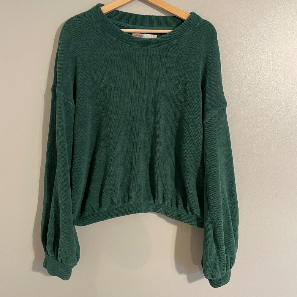 Free People Beach Sweater Womens Large Green Boho Ribbed Pullover Balloon Sleeve